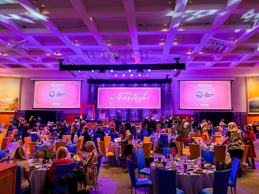 Corporate conference with professional audio visual production, stage lighting, and video wall setup in Oklahoma City.