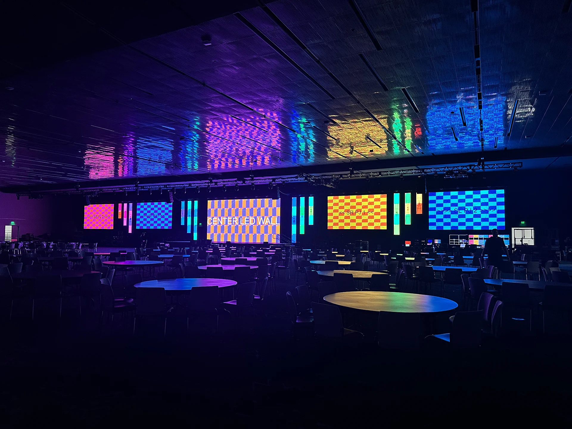 LED walls and lighting undergoing system testing before the DDS PossABLE conference at the Oklahoma City Convention Center.