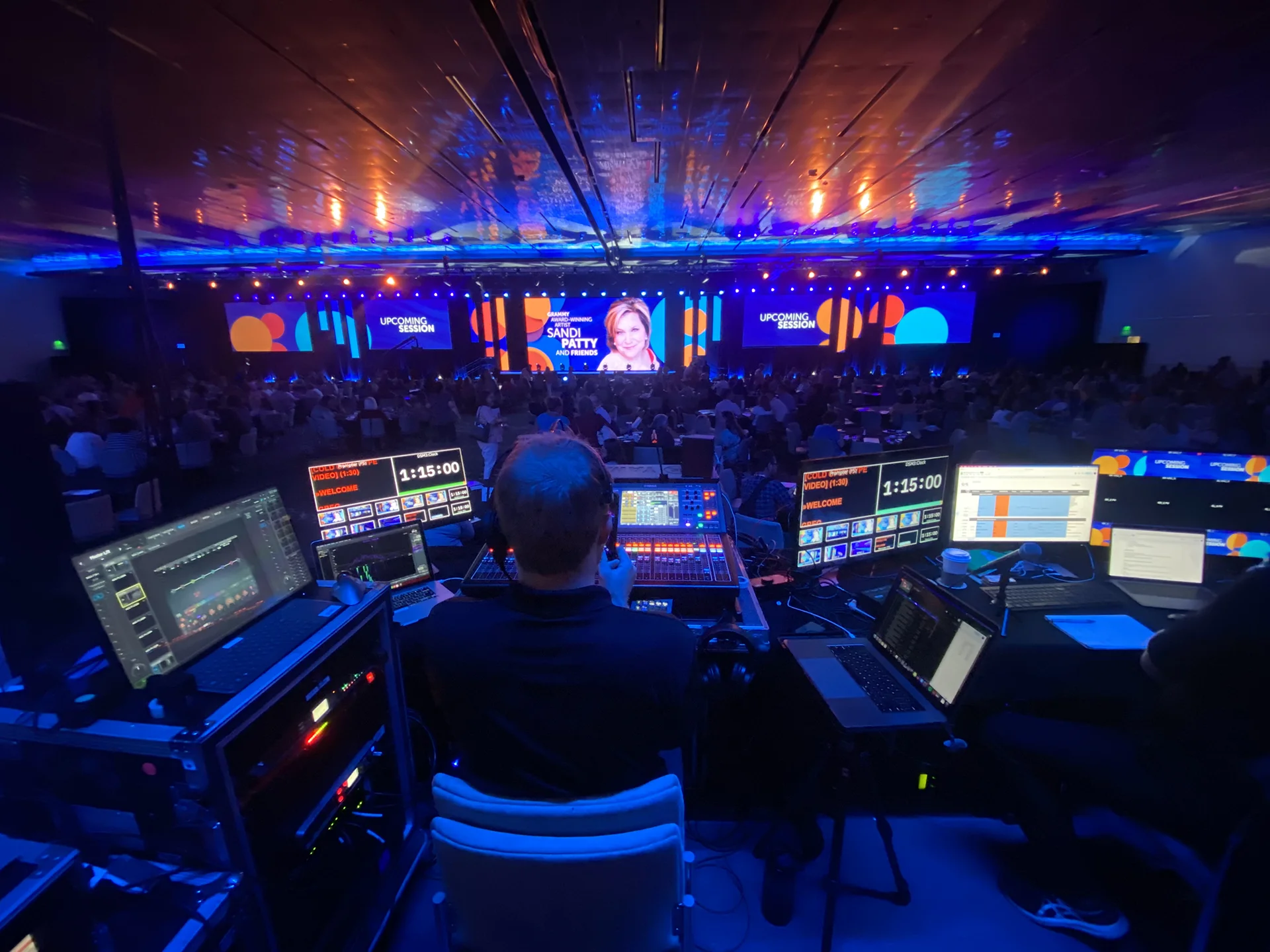 Show control position overseeing audio, video, lighting, and presentations during the DDS PossABLE conference.