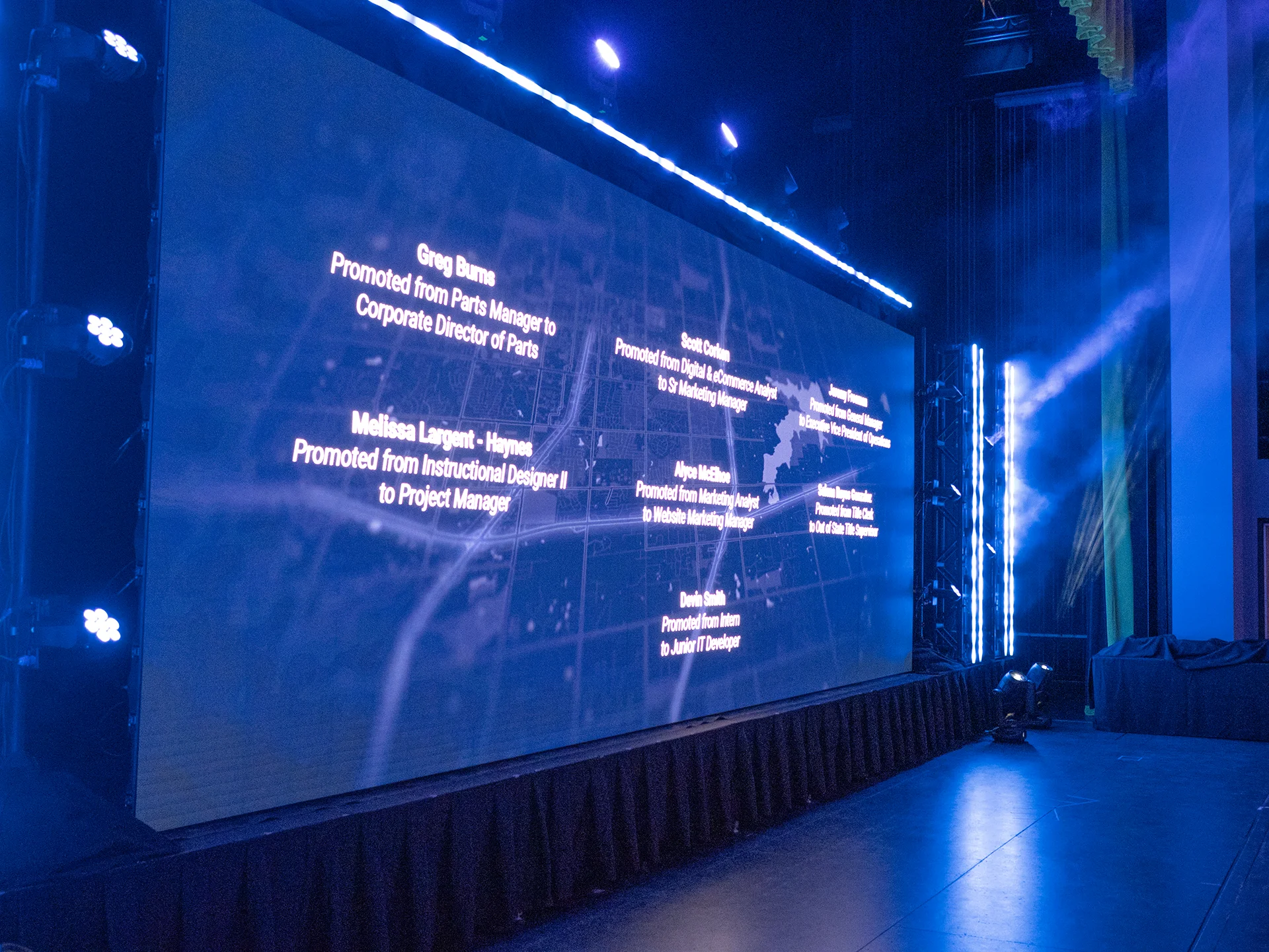 Side view of the LED video wall displaying employee recognition during the Heritage Awards in Oklahoma City.