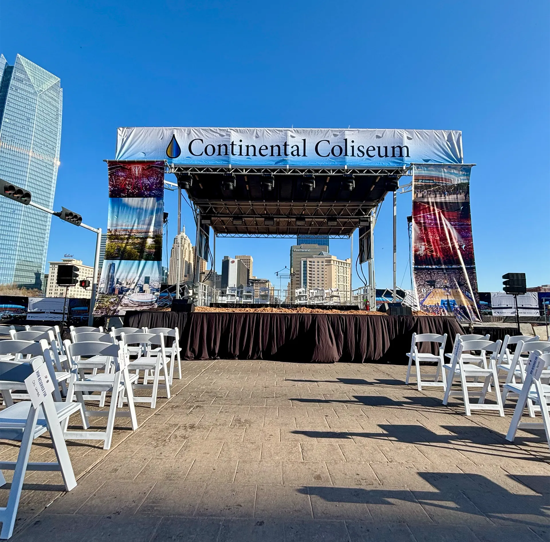 Front view of CNS Productions' staging and truss build for the Continental Coliseum groundbreaking event
