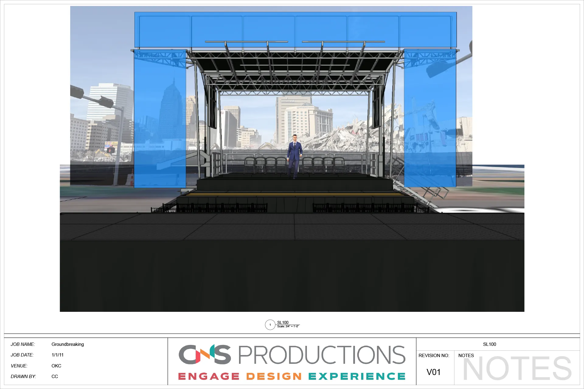 CNS Productions 3D stage design rendering for Continental Coliseum groundbreaking event in Oklahoma City