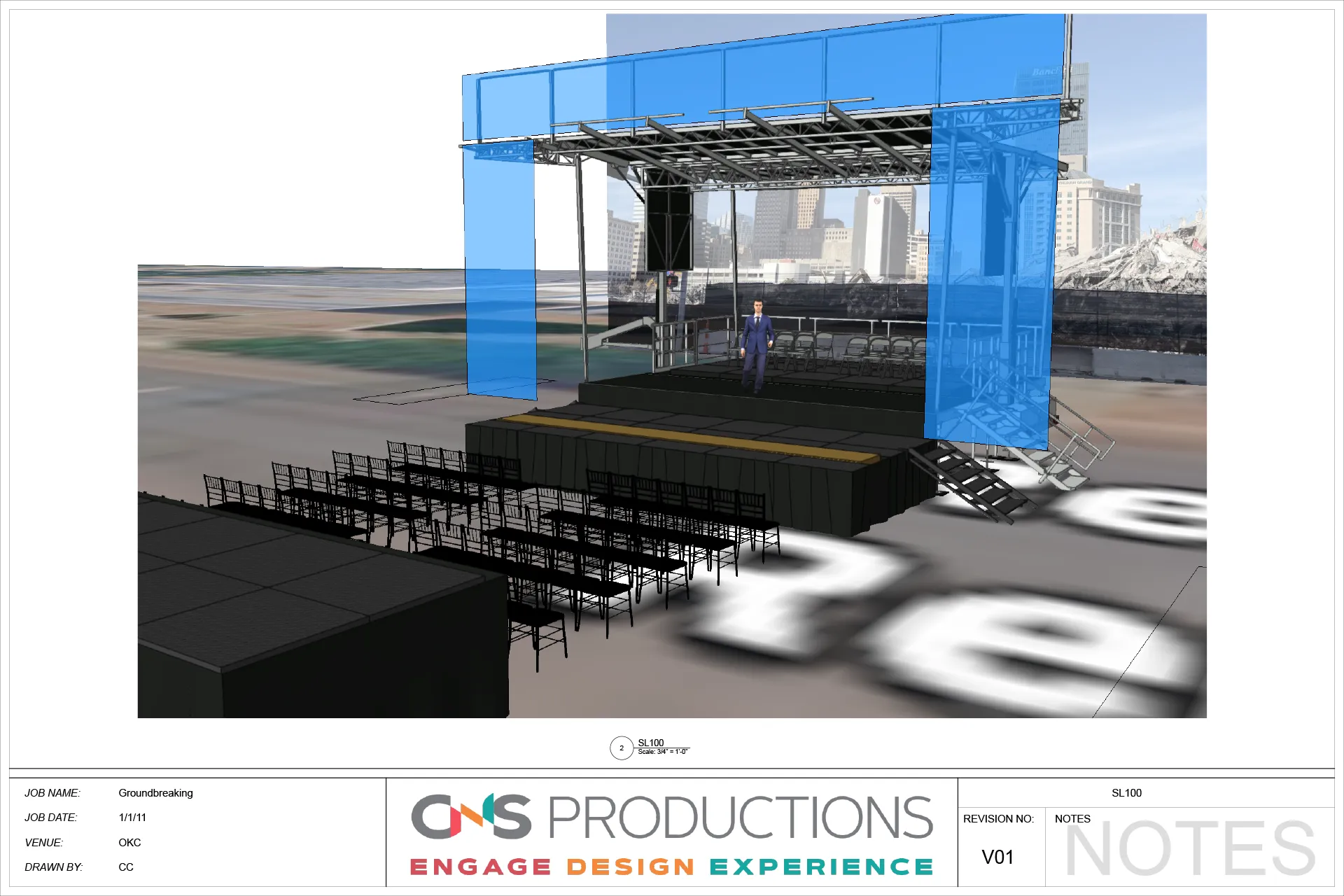 3D rendering of CNS Productions event stage layout and seating design for OKC groundbreaking ceremony